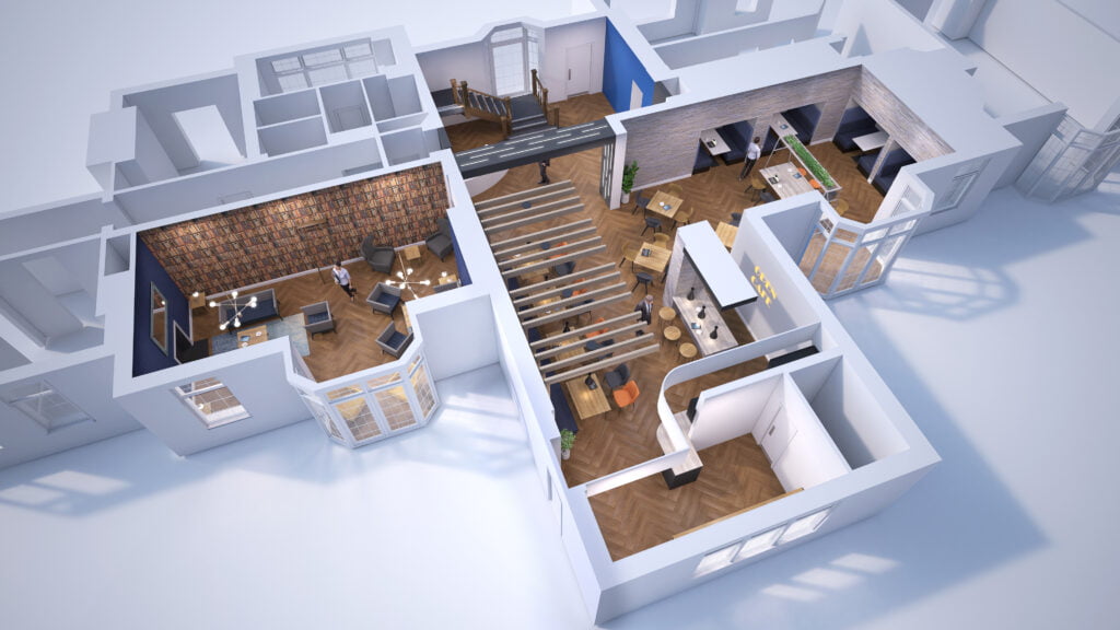 A CGI visualisation layout of an office space to consider in office relocation tips.