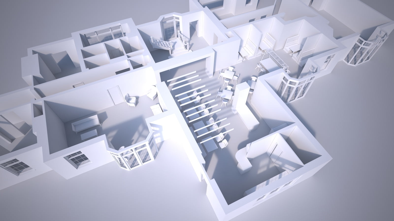 A CGI image of an office layout.
