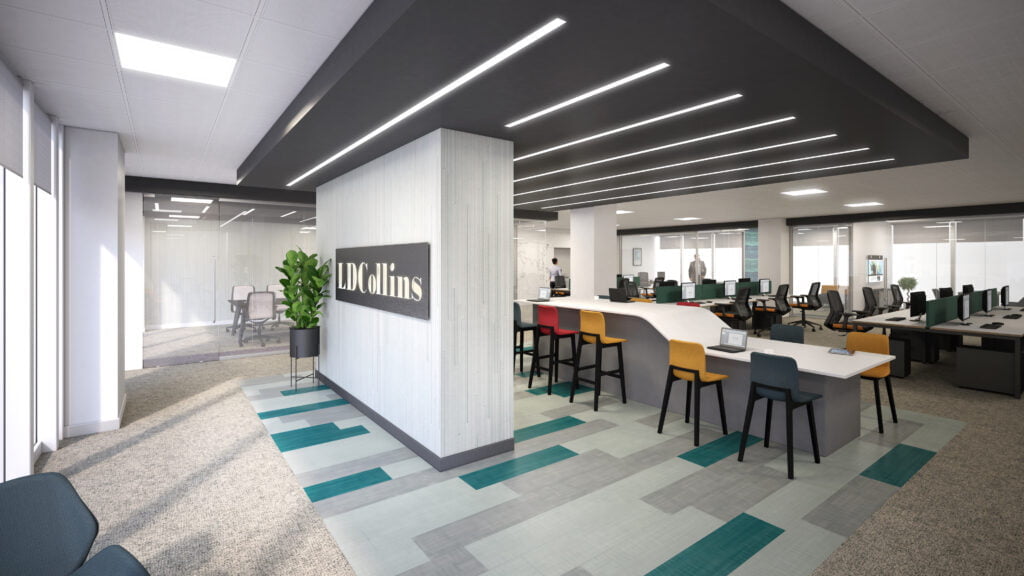 LDC collins sitting area and open plan office with logo on the wall