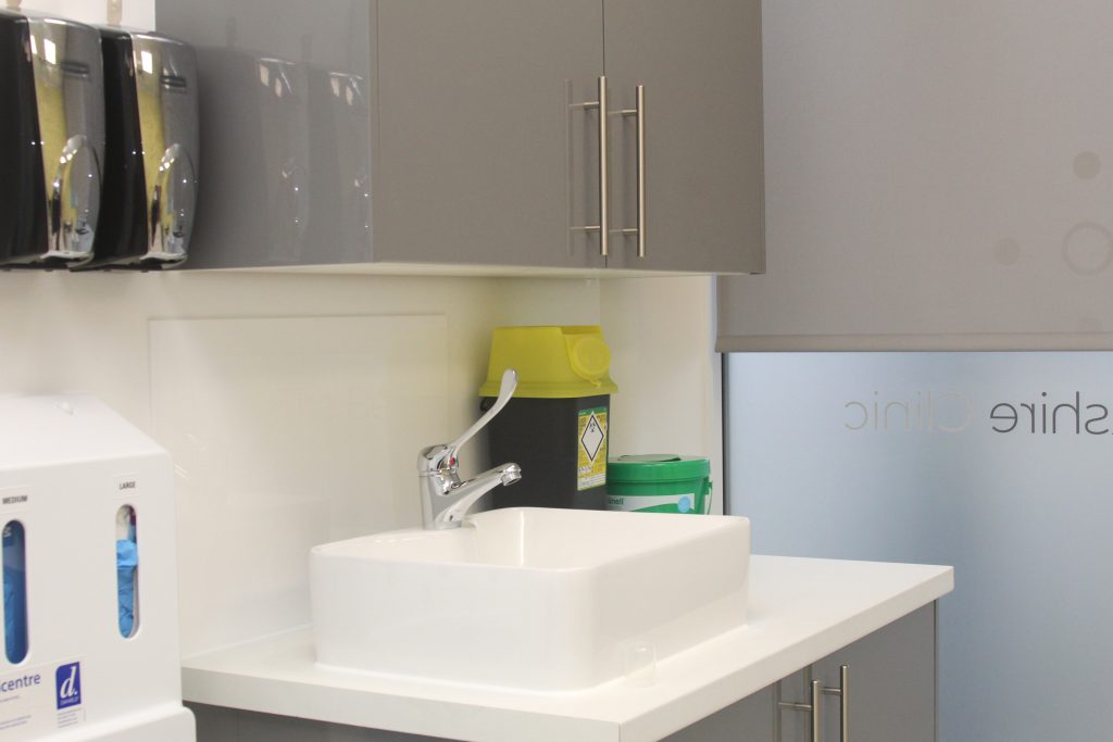 square white sink in kitchen area