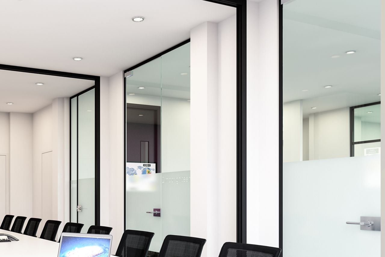 A glass partitioning wall in a boardroom.