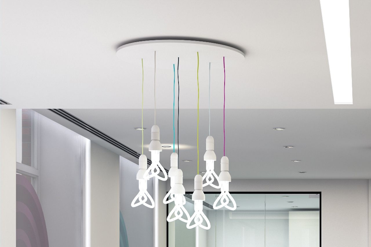 A custom lighting feature with different coloured wiring and lightbulb shapes.