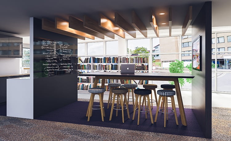 CGI image of a modern tea-point/breakout area/relaxation space in an office.