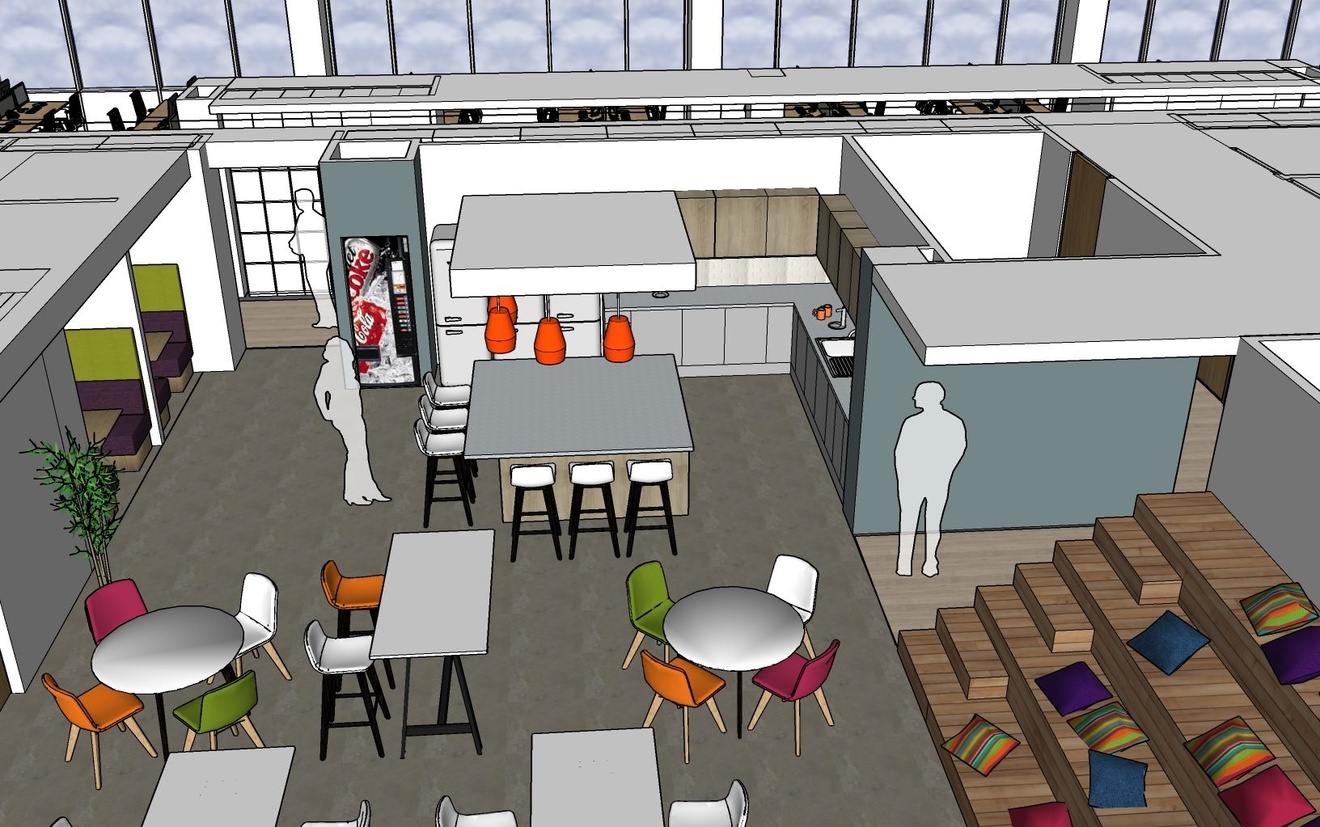 A virtual mockup of an office design.