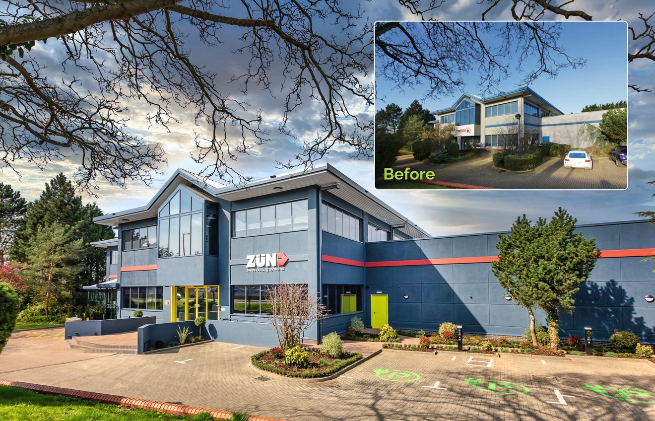 before and after photo of the outside office of ZUND with a new grey and red paint job