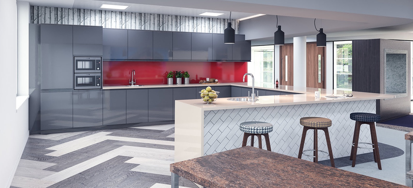 CGI image of a modern tea-point/breakout area.