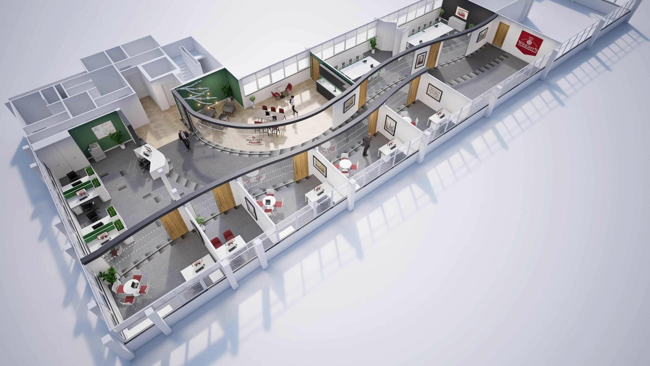 A 3D render of an office floor plan.