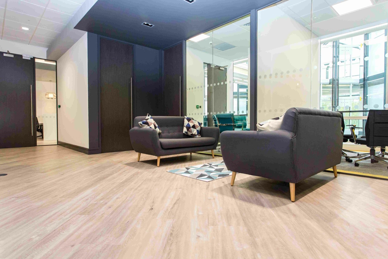 Two sofas facing each other with wooden floors and a rug.