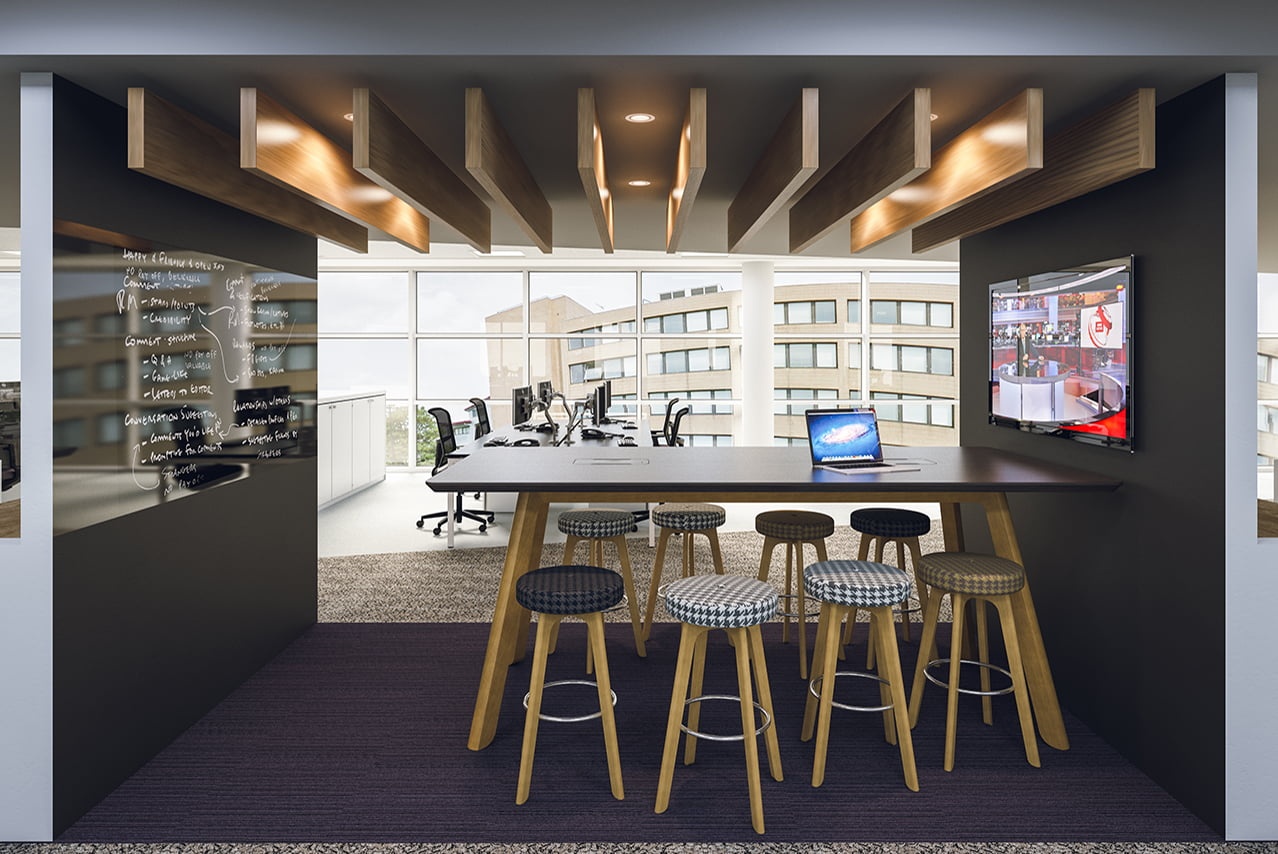 CGI image of a modern tea-point/breakout area in an office.