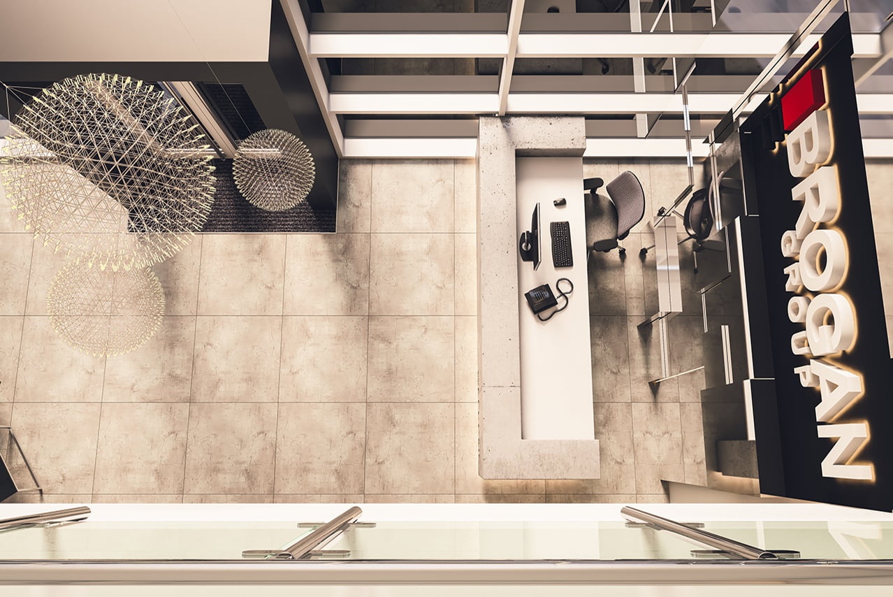 CGI reception area in an office.