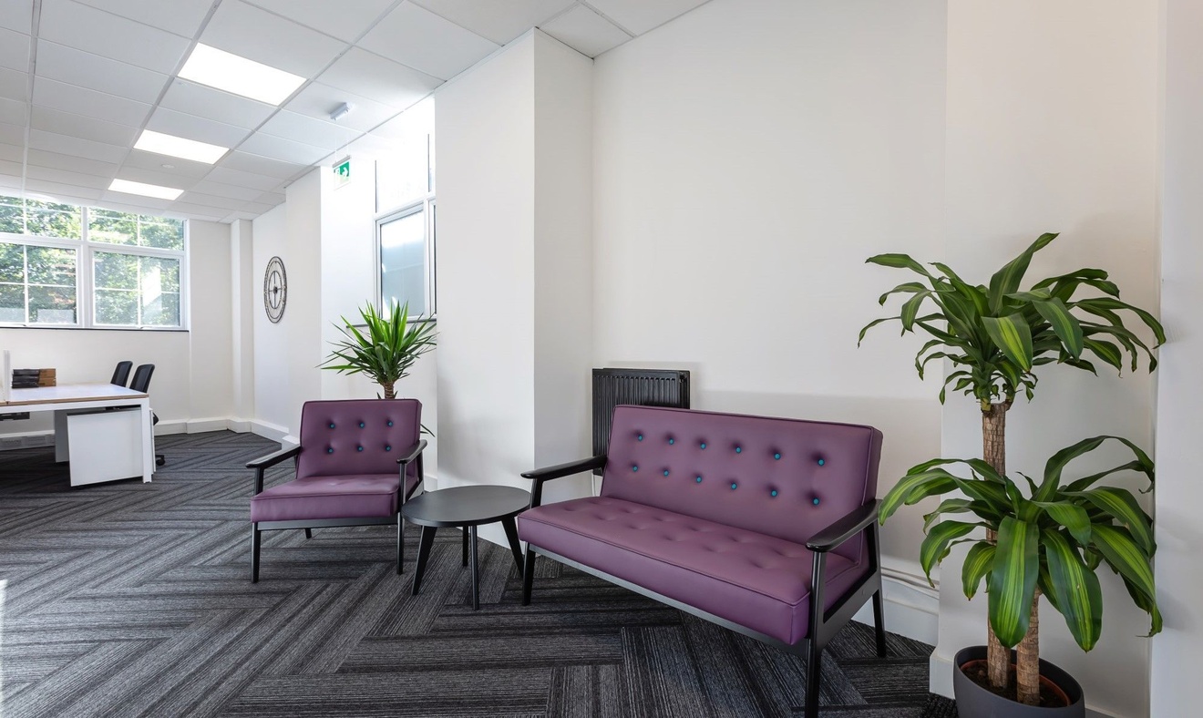 purple sofas and plants in waiting area at Team Factors office